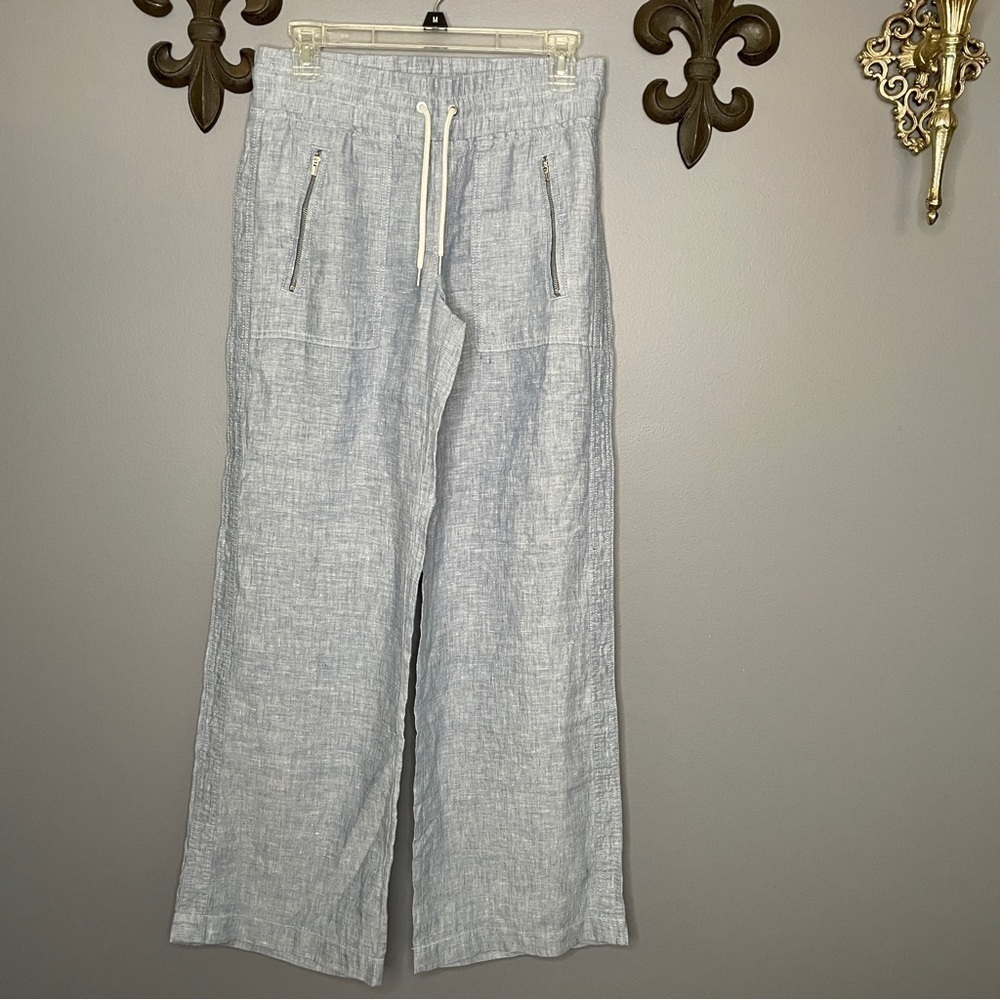 Athleta blue 100% linen elastic waist Cabo wide leg pants size 0